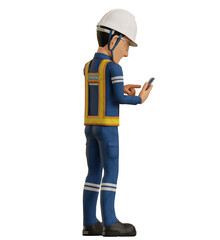 Isolate industrial worker is using the mobile phone on transparent background