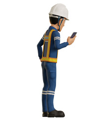Isolate industrial worker is using the mobile phone on transparent background