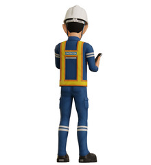 Isolate industrial worker is using the mobile phone on transparent background