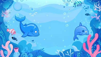 Obraz premium Playful Blue Cartoon Background Posters: Whimsical Illustrations of Sky Blue Fantasies, Marine Adventures, and Retro Comic Themes with Bold Lines, Vibrant Hues, and Whimsical Characters for Kids' Room