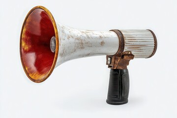 Close-up of a vintage handheld megaphone with a large red bell, white weathered body, and black grip handle against a neutral background