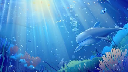 Fototapeta premium Playful Blue Cartoon Background Posters: Whimsical Illustrations of Sky Blue Fantasies, Marine Adventures, and Retro Comic Themes with Bold Lines, Vibrant Hues, and Whimsical Characters for Kids' Room