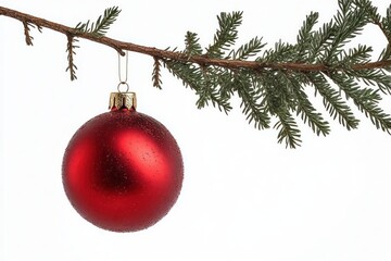Close-up of a red Christmas ornament hanging from a pine tree branch with water droplets on the ornament, white background, holiday festive mood