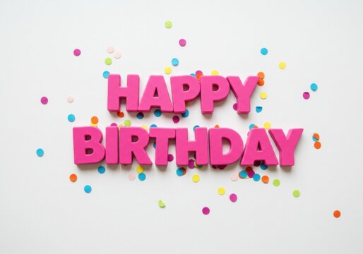 A festive arrangement of pink letters spelling happy birthday with confetti
