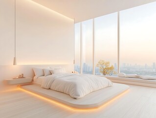 Modern bedroom with city view sunrise.