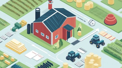 Modern Farming: An Isometric Illustration of Agricultural Processes and Efficiency