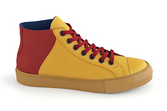 Stylish High-Top Sneakers with Red and Yellow Accents and Realistic Laces, a 3D Footwear Icon - Powered by Adobe