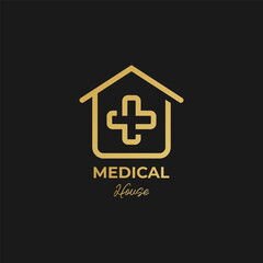 Golden medical house logo design. House with cross plus sign combination for healthcare and medical logos.