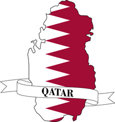 The map of Qatar overlaid with the Qatari flag and its name written on a ribbon