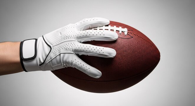 Close up shot of a hand in white glove holding a football, ready to throw it