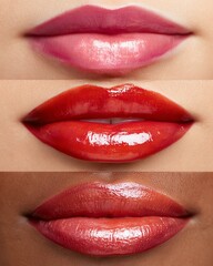 Fototapeta premium Glossy lips lipstick swatches for beauty branding Showcasing various shades of vibrant lip colors, highlighting beauty and fashion trends in a vivid display.