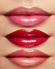 Obraz premium Glossy lips lipstick swatches for beauty branding Stylish lip colors displayed in an artistic arrangement, showcasing a range of vibrant shades for beauty and fashion.