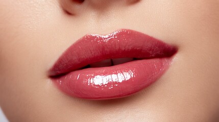 Fototapeta premium Glossy lips lipstick swatches for beauty branding Close-up view of glossy, soft pink lips showcasing elegance and beauty. Perfect for cosmetic and fashion themes.