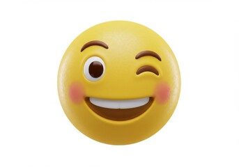 A winking yellow emoji with a smile and rosy cheeks on a plain background