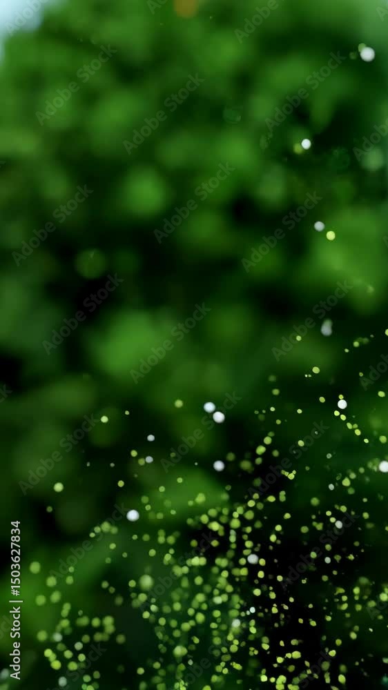 Poster abstract background animation with scattered golden spheres on a dark green speckled surface, bokeh 