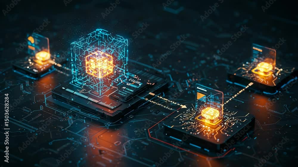 Poster digital blockchain network technology concept with glowing cubes and connections