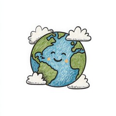 Smiling Earth Cartoon Illustration: Colorful Whimsical Doodle of Kids' Friendly Planet with Clouds for Earth Day and Environmental Awareness
