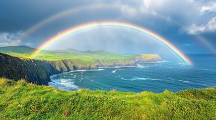 Double rainbow arches over a coastal landscape.