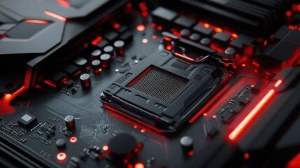 Close-up of a computer motherboard with glowing red accents
