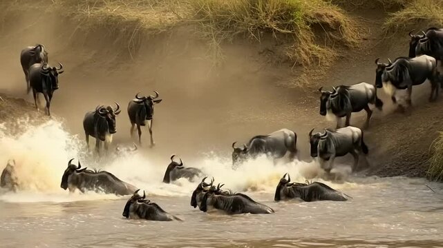 A herd of wildebeest crossing a river during migration, with splashes and dust in the air