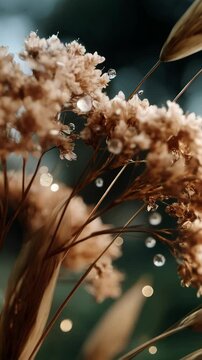 Delicate floral arrangement with dried flowers, grass stalks, and dew drops in artistic soft focus on a teal background.
