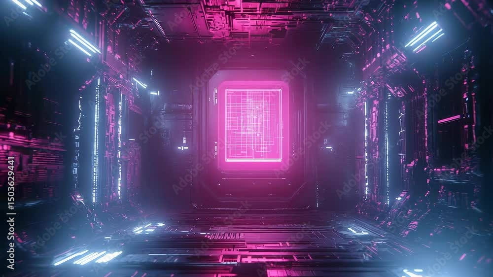 Poster futuristic data center tunnel with glowing pink core for technology concepts
