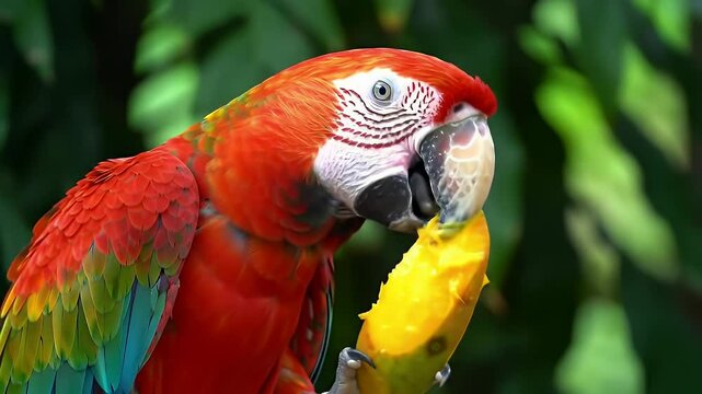 Parrot Eating Fruit Close-up in Lush Greenery Natural Daylight