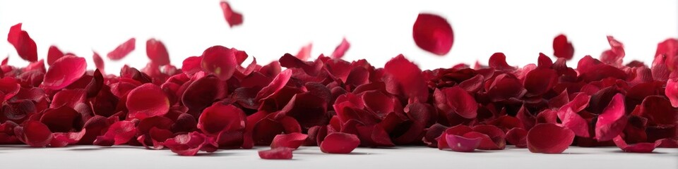 Elegant Red Rose Petals Scattered and Floating Against White Background for Mother's Day