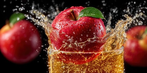 Fresh Ripe Apple, Sliced Fruit, and Splash of Apple Cider Vinegar in 3D Render