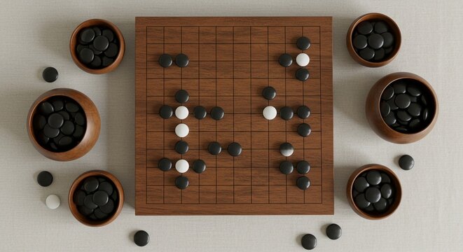 Go stones positioned strategically on board reveal game strategy in tabletop setting with wooden bowls