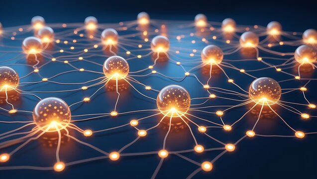 Neural Network Concept with Glowing Nodes and Electric Pulses on Dark Blue Background