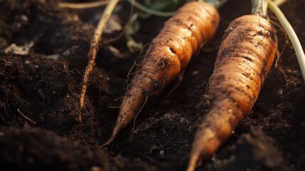 Fresh carrots unearthed from dark rich soil