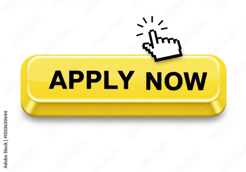 Aufkleber a yellow apply now button with a hand cursor clicking on it in the image