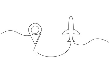 Continuous one line drawing of Airplane route with start point. Single line drawing illustration of Travel route symbol. Traffic line map location pin concept vector art. Doodle line illustration.