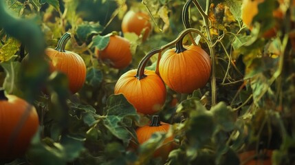 Autumn pumpkins growing on vines