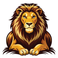 A majestic lion with a thick, dark mane rests with its front paws crossed with white background