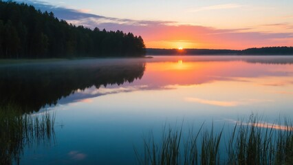 Obraz premium Calm Lake Scenery During Sunset with Forest Border