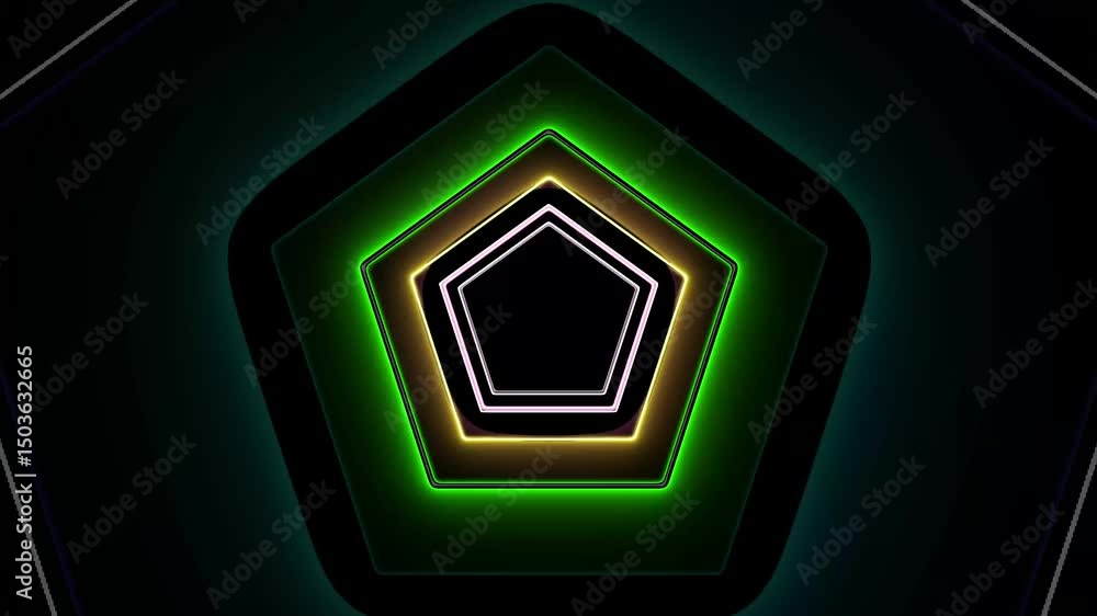 Poster a mesmerizing neon tunnel formed by concentric glowing pink pentagons, creating a sense of infinite 