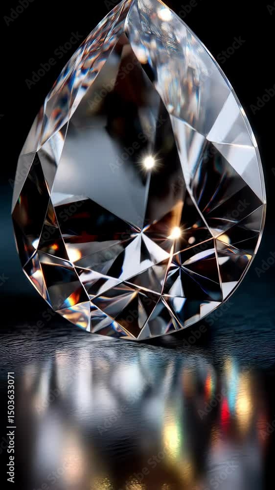 Poster Close-up of a large pear-shaped diamond with multiple facets resting on reflective surface against a dark background