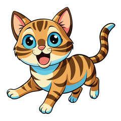 A playful tabby kitten with bright blue eyes and its mouth open mid-meow appears to be jumping with white background