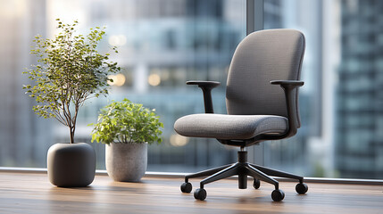 Minimalist office corner with ergonomic chair and plant, conveying modern simplicity and calm productivity.
