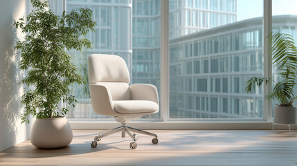 Minimalist office corner with ergonomic chair and plant, conveying modern simplicity and calm productivity.
