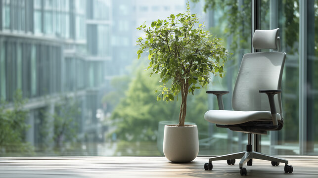 Minimalist office corner with ergonomic chair and plant, conveying modern simplicity and calm productivity.