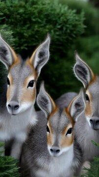 Trio of curious duikers peering from behind lush evergreen shrubs in natural habitat, showing distinct coloration