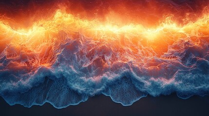 Fiery waves of orange and blue, dramatic coastal scene.