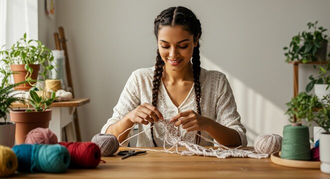 Smiling woman knits macrame craft on table in bright cozy home