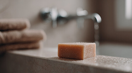 Wet soap bar on edge of bathtub with soft towels in background