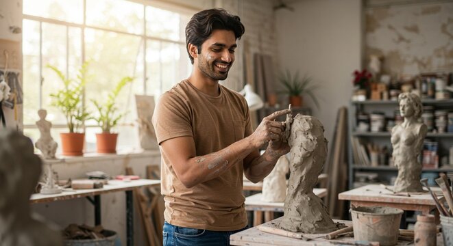 Smiling sculptor molds clay bust in bright studio artistry craftsmanship