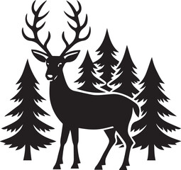 Obraz premium deer with pine trees and forest scenery silhouette vector icon, deer with pine trees and forest scenery illustration