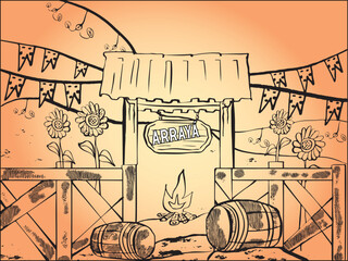 Festa junina arraiá entrance decorated with flags, sunflowers, barrels and bonfire